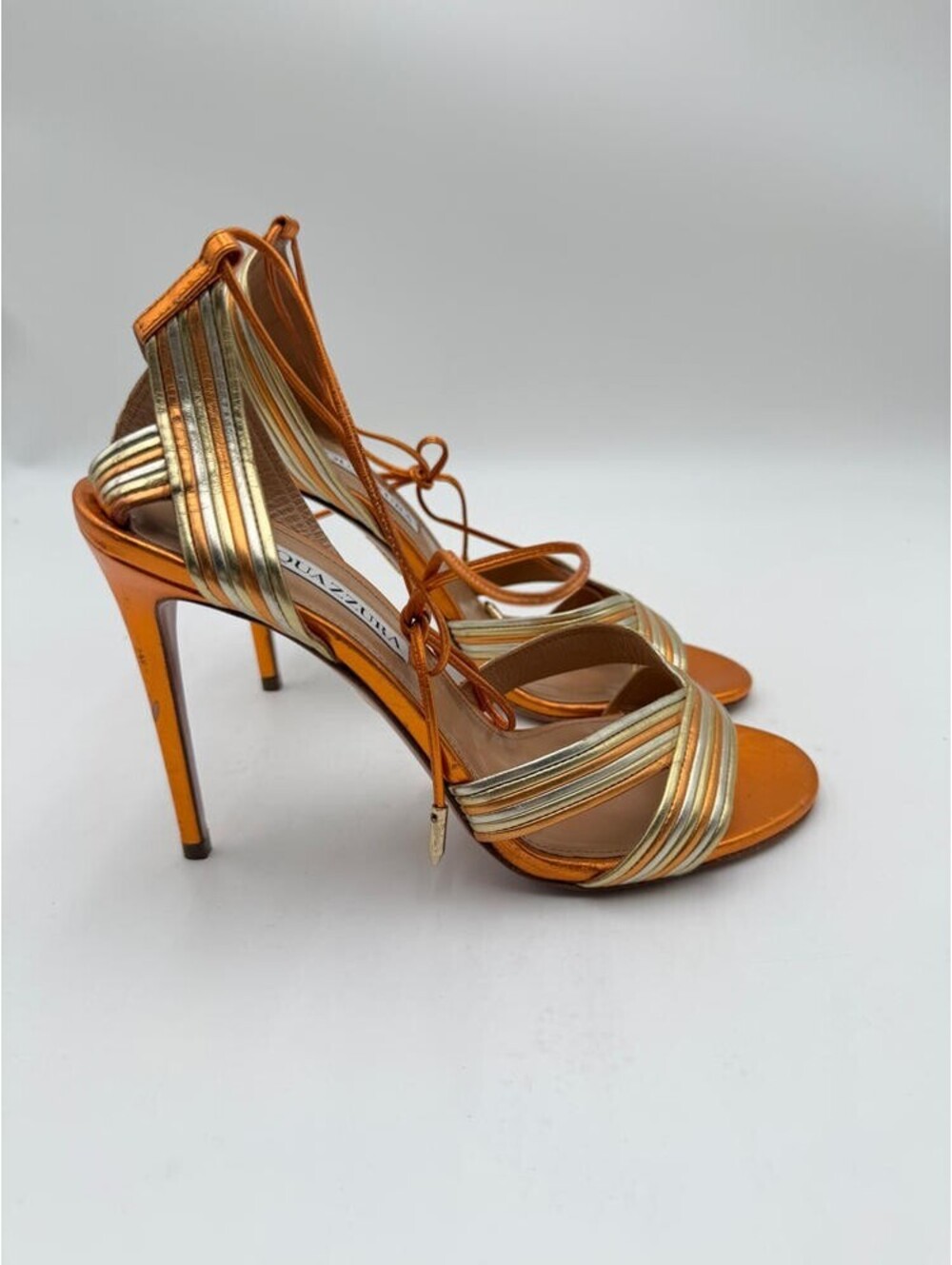 Aquazzura Ari Metallic Leather Ankle-tie Sandals Platino Gold Mandarin Size 38